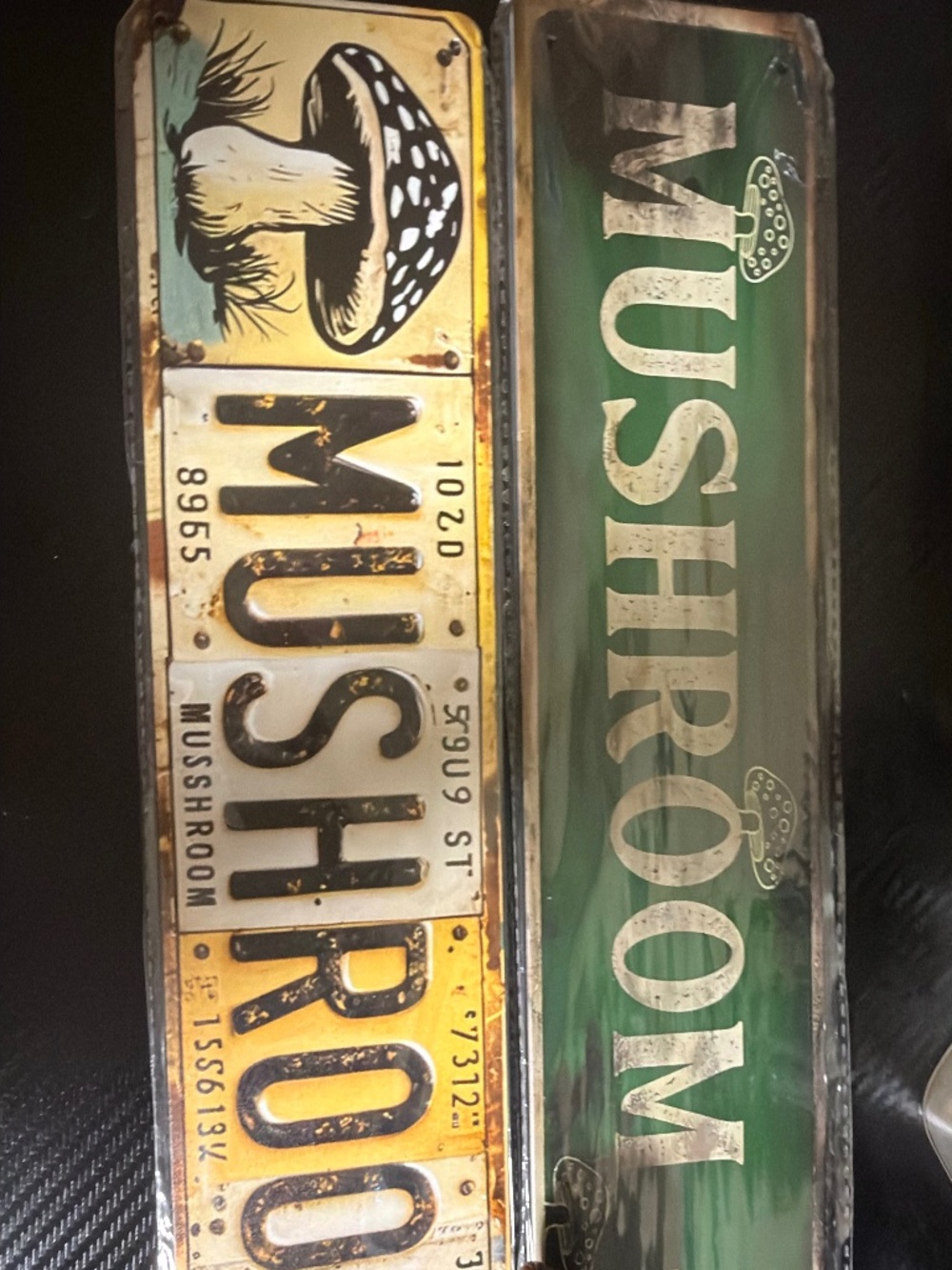 3-Pc Mushroom Decor Lot Metal Street Signs License Plate Carved Wood Figurine